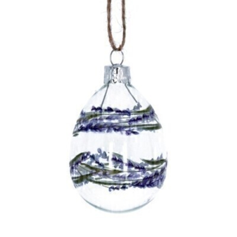 Lavender Easter Egg Hanging Decoration By Gisela Graham If you are looking for some Easter decorations for your Easter Tree then be sure not to miss this cute glass Easter Egg decorated with blue lavender garlands. This hanging decoration is made by designer Gisela Graham. Comes complete with string to hang on your Easter Tree and makes a lovely Easter Hanging Decoration.
